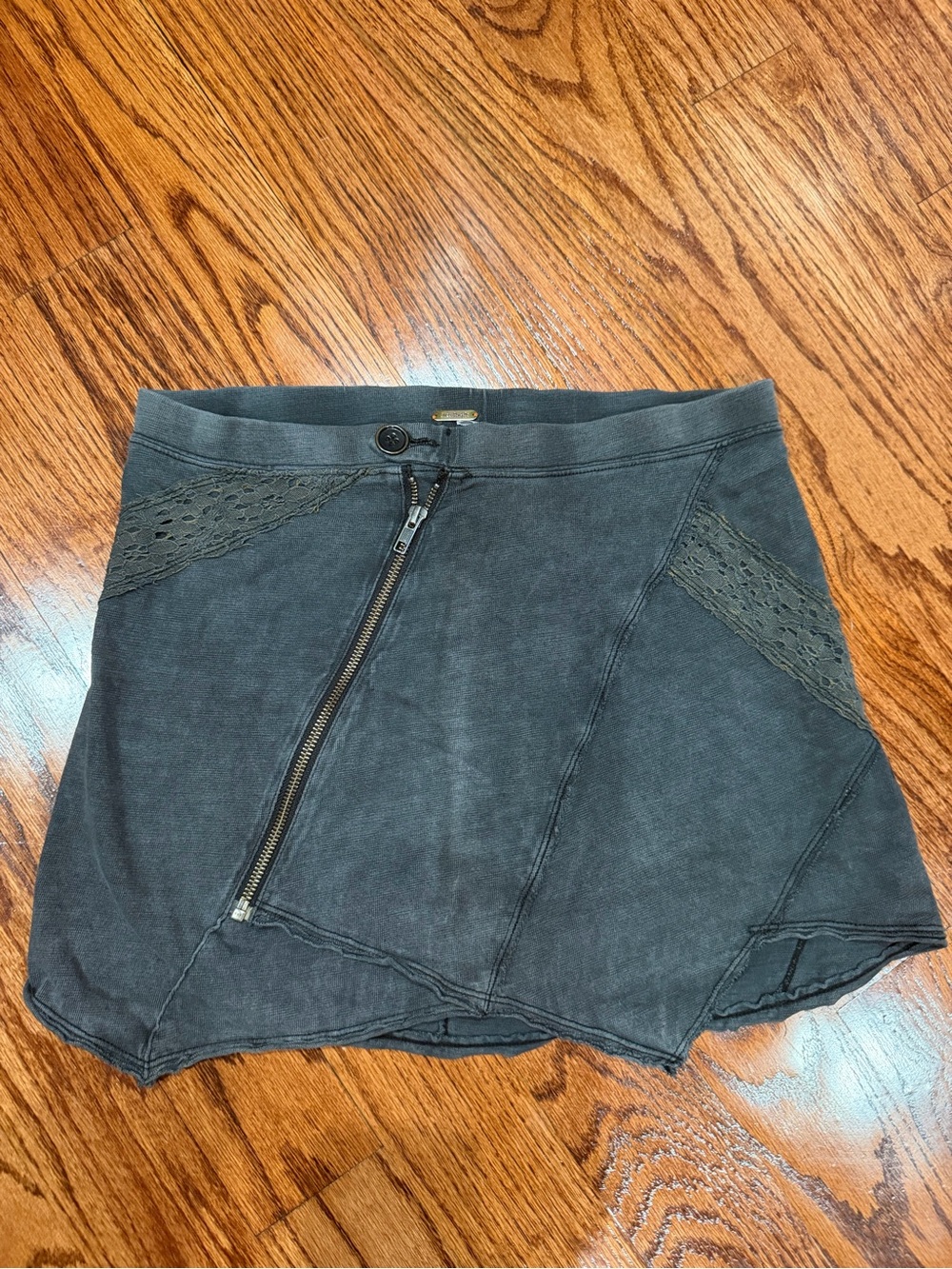 Free People Black Asymmetrical Zip Mini Skirt with Lace Insets